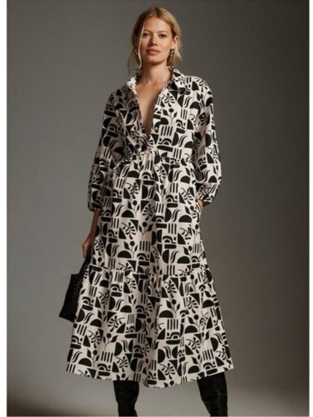 Anthropologie Black and Cream Abstract Print Maxi Dress - Picture 1 of 9